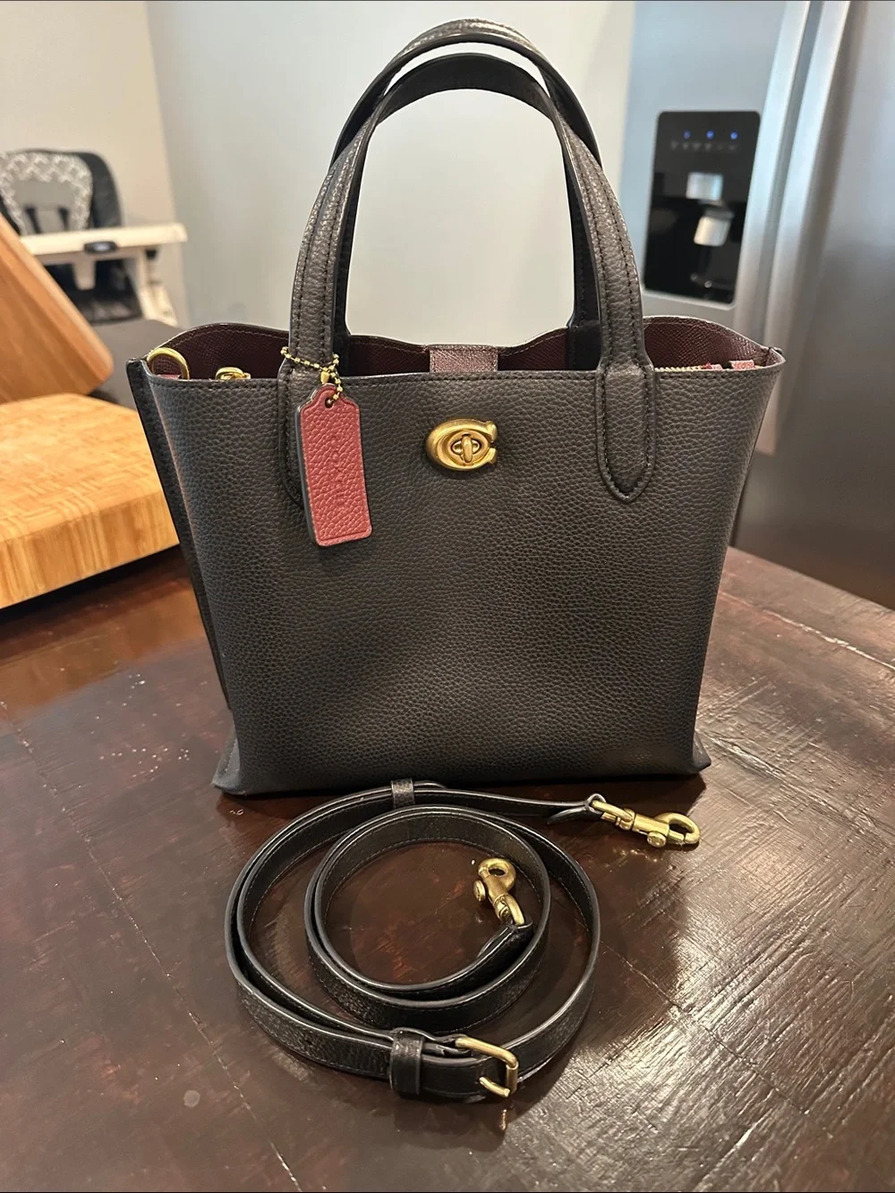 Coach Willow Tote 24 Black with Burgundy Interior/Hangtag